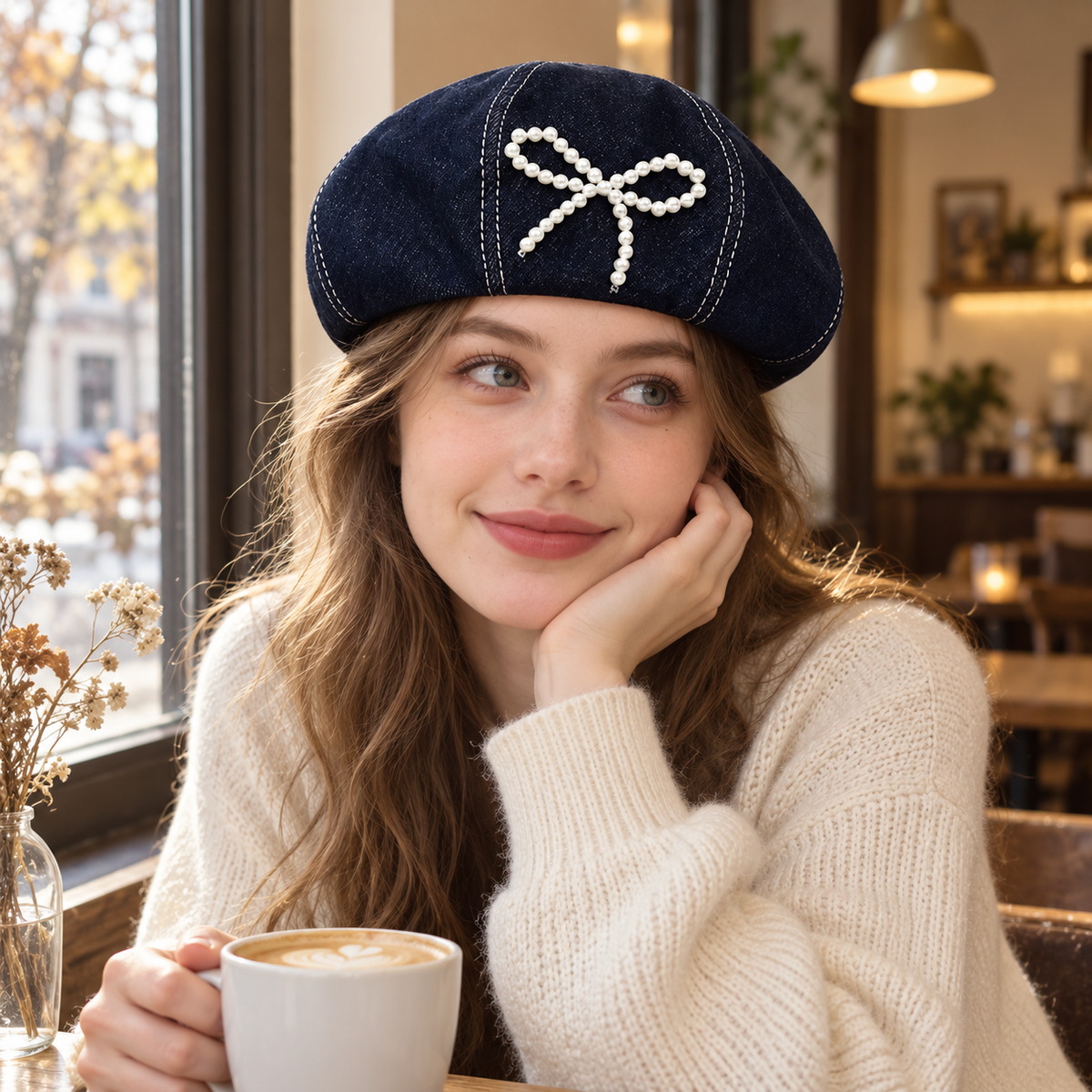 Pearl Bow Beret Hat