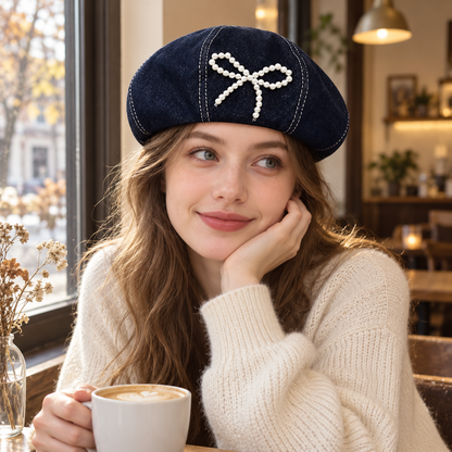 Pearl Bow Beret Hat